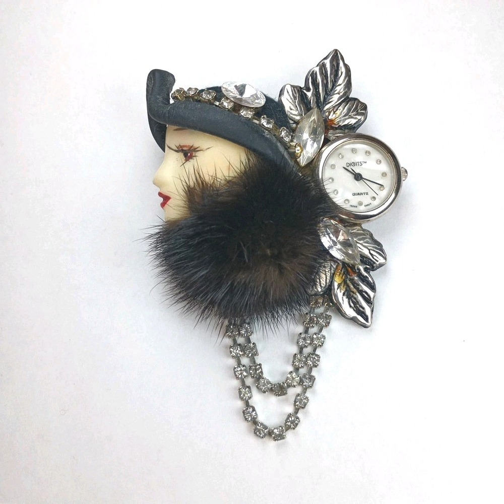 Vintage Bonetto Pin Brooch Quartz Watch  Leather Hat Fur Collar and Rhinestones